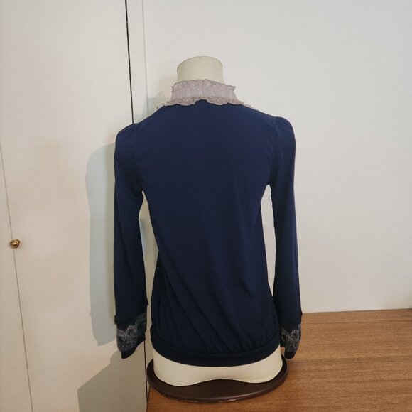 Axes Femme High ruffle collar Navy blue Victorian style shirt size M - Picture 7 of 7